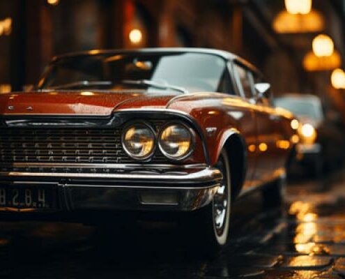 A fancy vintage car sits on a road during a sunset